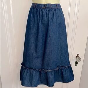 Vintage 70s Contemporary Corner Blue Denim Midi Skirt with Ruffle Hem